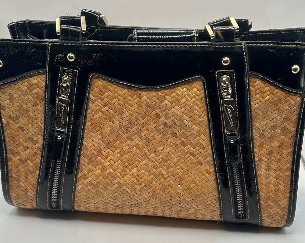 Etienne Aigner Woven Straw and Black Patent Leather Satchel- Large